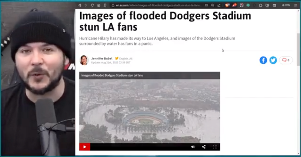 Twitter screenshot of Tim Pool discussing Hurricane Hilary and the flooded Dodgers Stadium