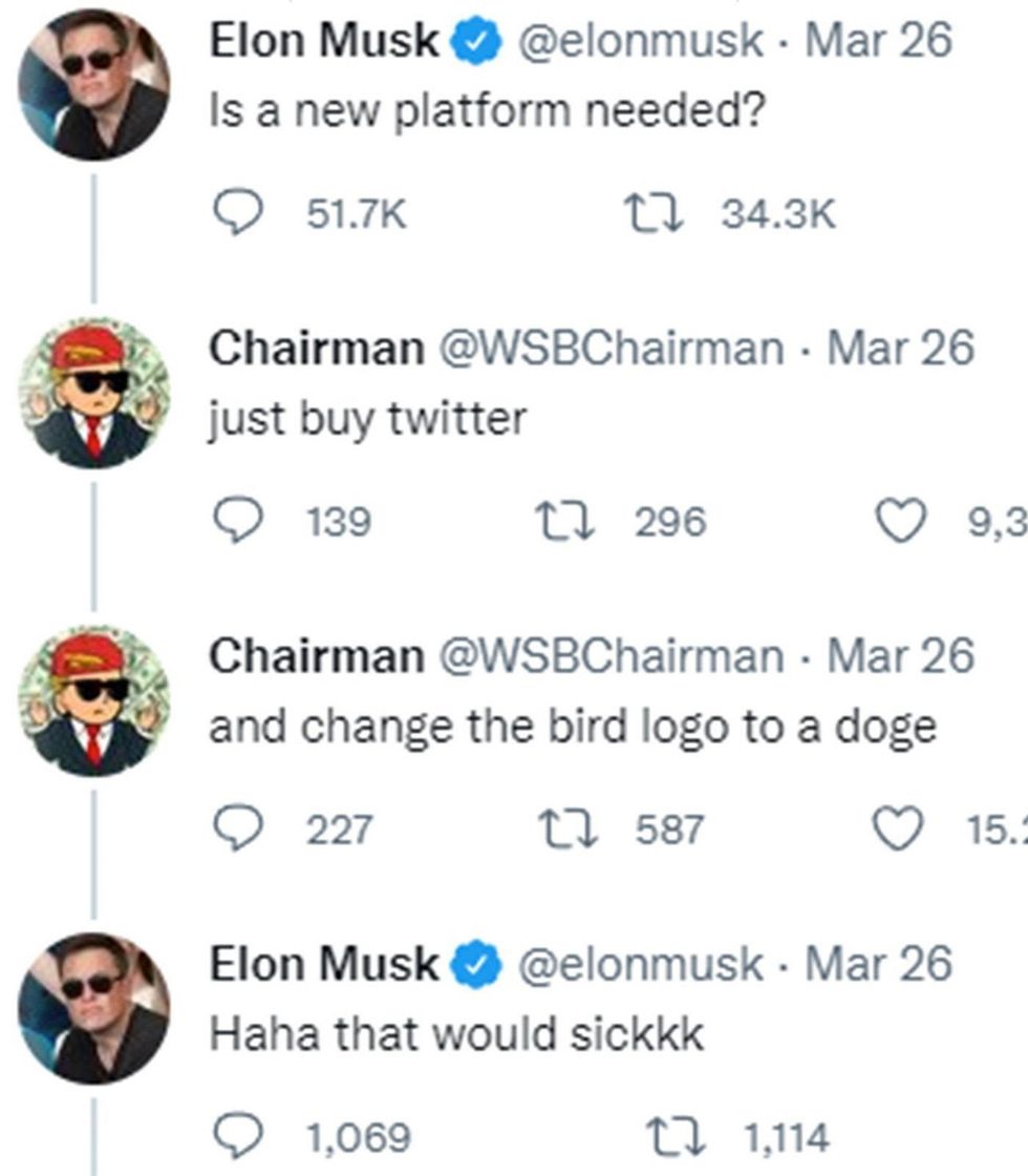 Twitter screenshot of @WSBChairman's and @elonmusk's Twitter exchange from March 2022