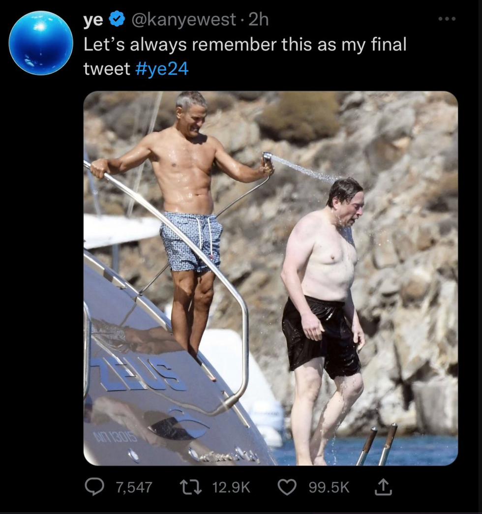 Twitter screenshot of Ye's tweet mocking Elon Musk's shirtless picture