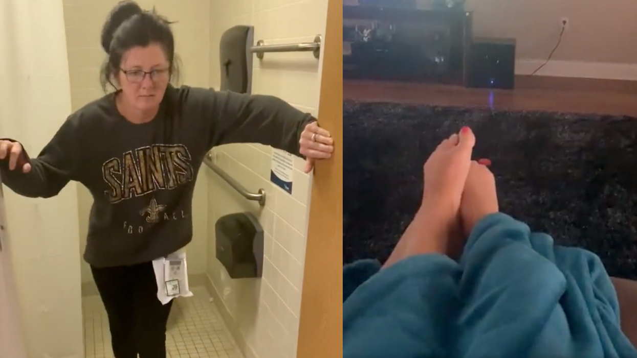 Twitter screenshots from Angela Desselle's videos attributing leg spasms to the Pfizer vaccine