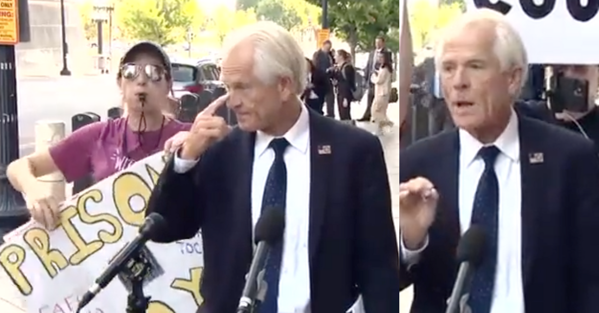 Twitter screenshots of Peter Navarro flanked by protester