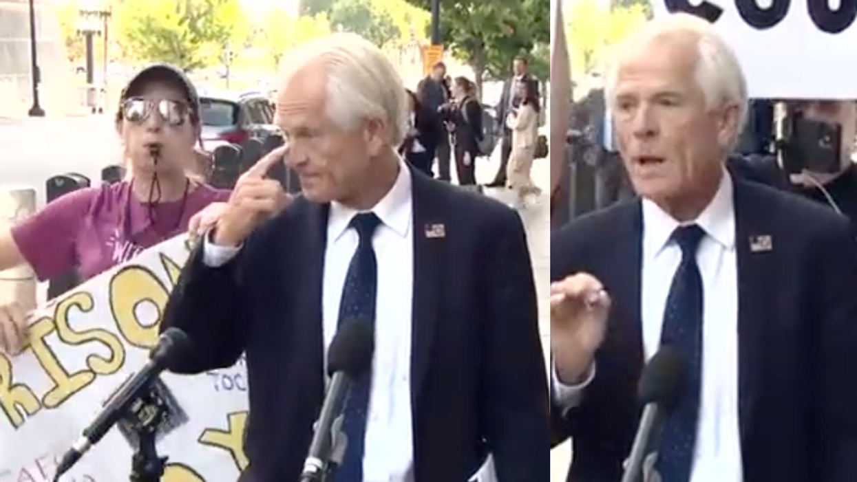 Twitter screenshots of Peter Navarro flanked by protester
