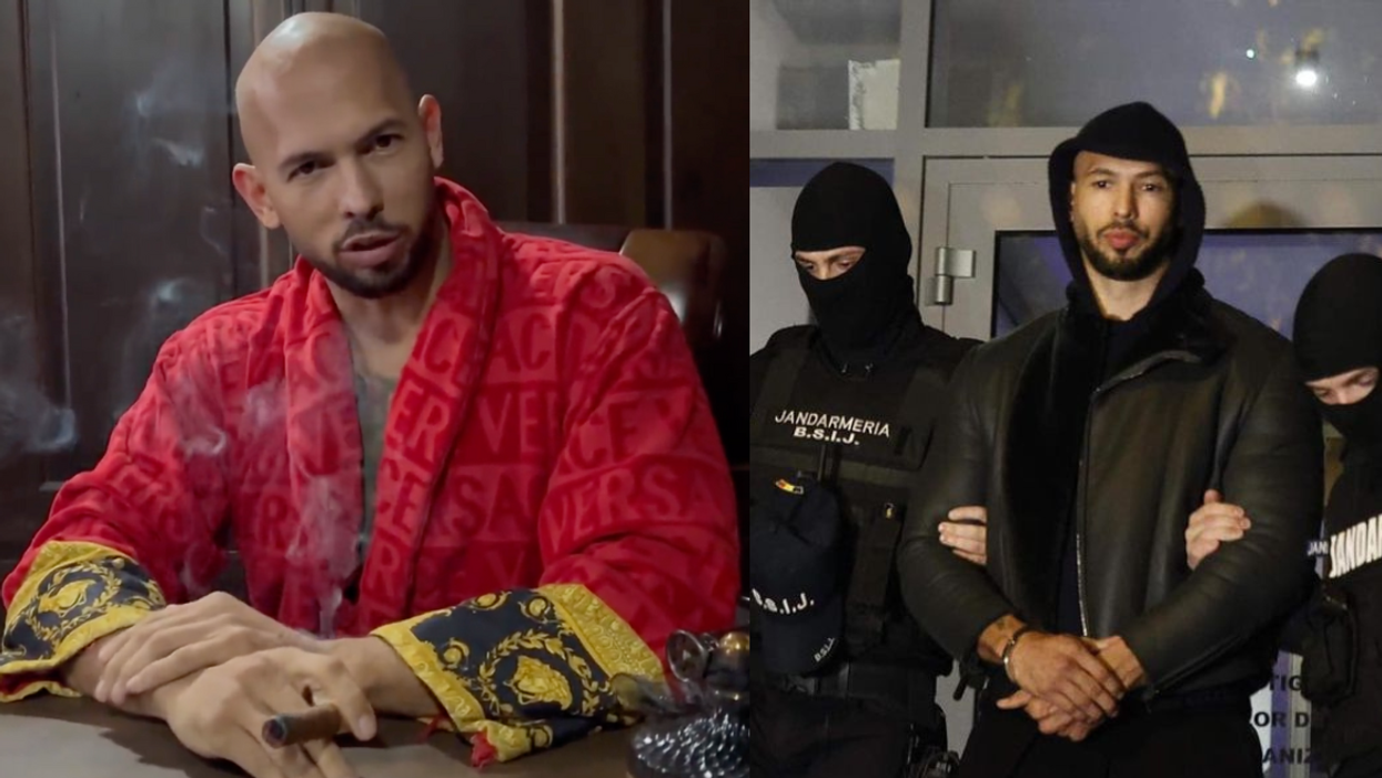 Twitter video screenshot of Andrew Tate; screenshot of Andrew Tate’s arrest in Romania