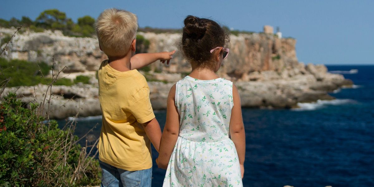 two children holding hands standing near cliff watching ocean