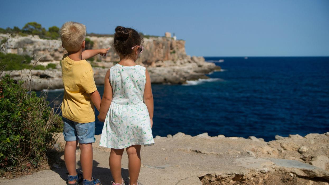 two children holding hands standing near cliff watching ocean