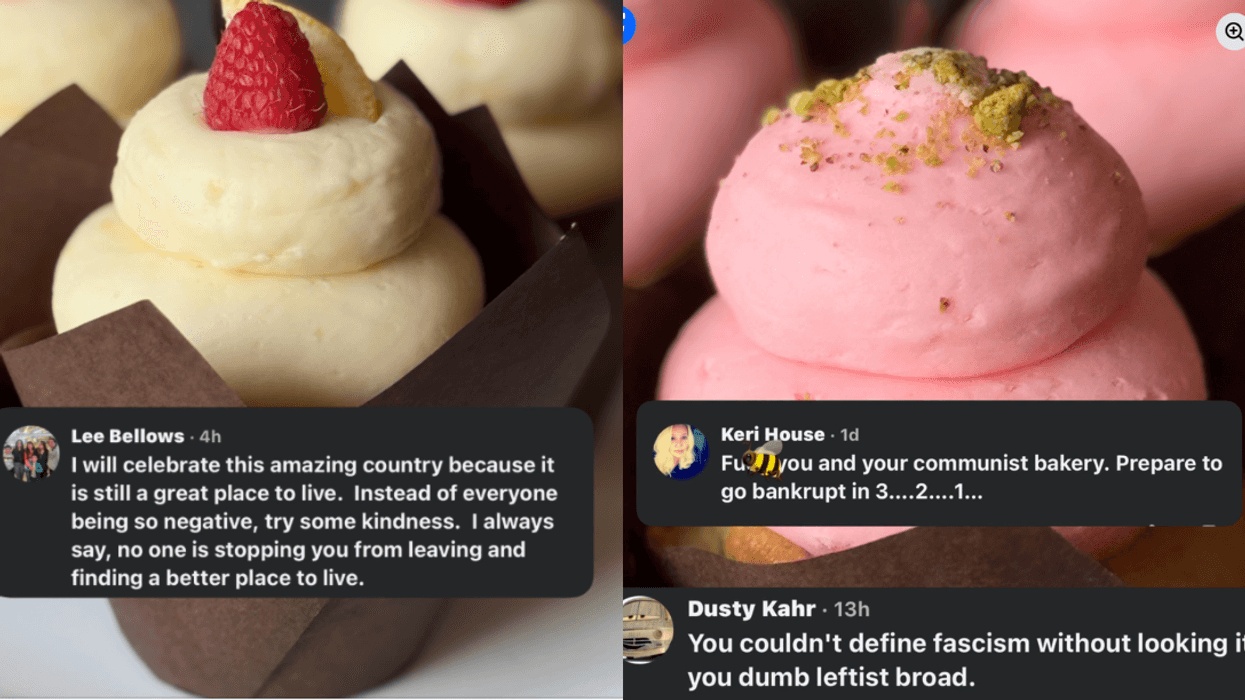 Two pictures of baked goods with overalys of nasty quotes from MAGA supporters.