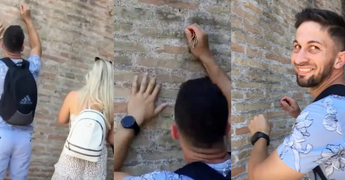 unidentified man carves "Ivan+Hayley 23" in the Colosseum in Rome as his significant other watches