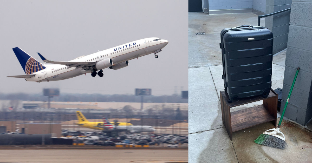 United Airlines airplane and United customer's lost luggage in residential area