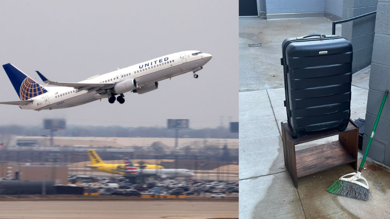 United Airlines airplane and United customer's lost luggage in residential area
