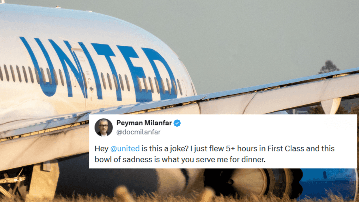 United Airlines plane; Tweet from X-user Peyman Milanfar