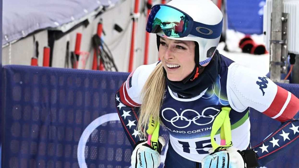 US' Lindsey Vonn reacts during an official training for the women's downhill event.