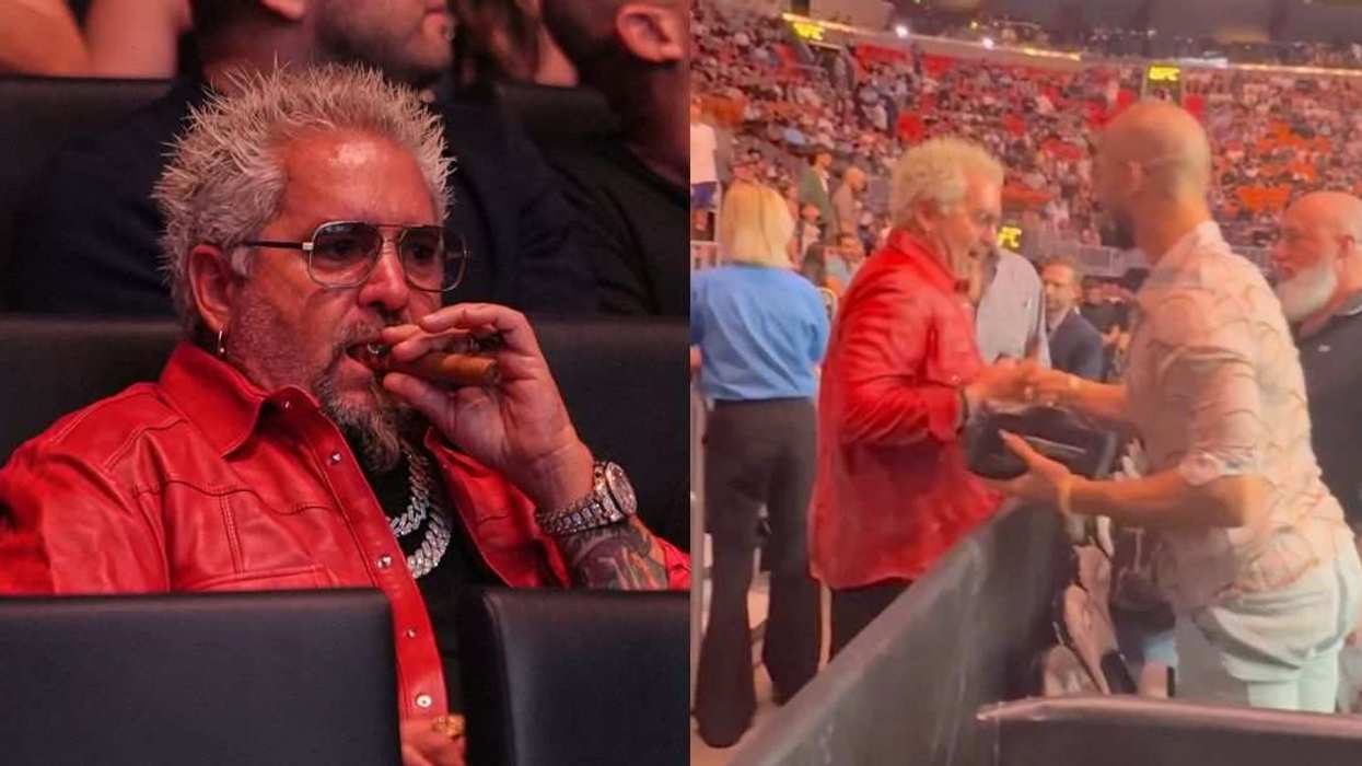 US restauranteur Guy Fieri arrives before President Donald Trump to attend UFC 327 at Kaseya Center in Miami.