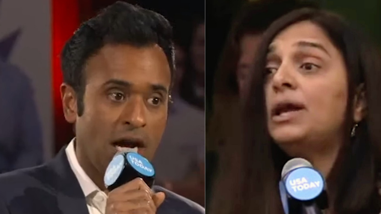 Vivek Ramaswamy; unidentified female New Hampshire voter