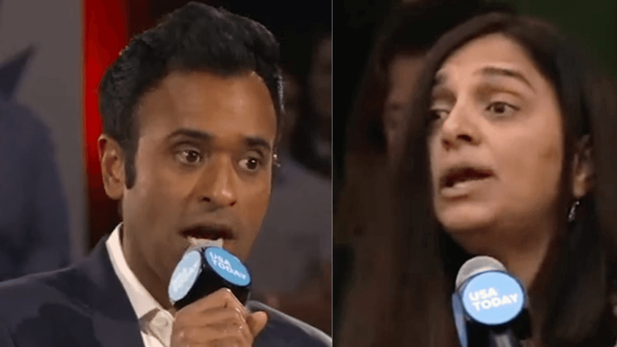 Vivek Ramaswamy; unidentified female New Hampshire voter