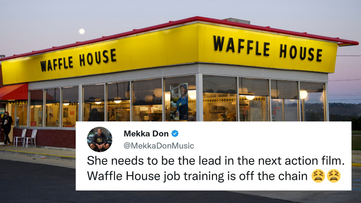 Waffle House restaurant; tweet overlay from Mekka Don