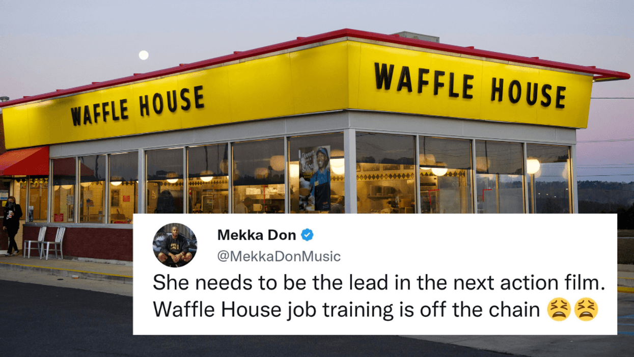 Waffle House restaurant; tweet overlay from Mekka Don
