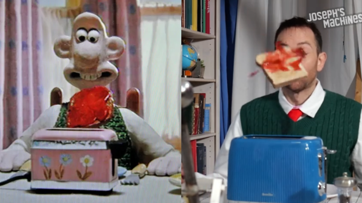 Wallace from 'Wallace & Gromit' with jam on toast; TikToker Joseph Herscher recreating the scene