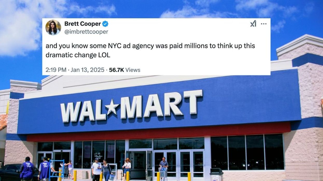 Walmart storefront with tweet overlay that reads, 'and you know some NYC ad agency was paid millions to think up this dramatic change LOL'