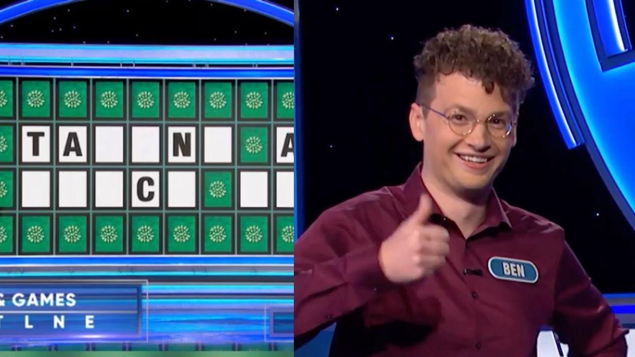 "Wheel of Fortune" puzzle board; contestant giving a thumbs-up