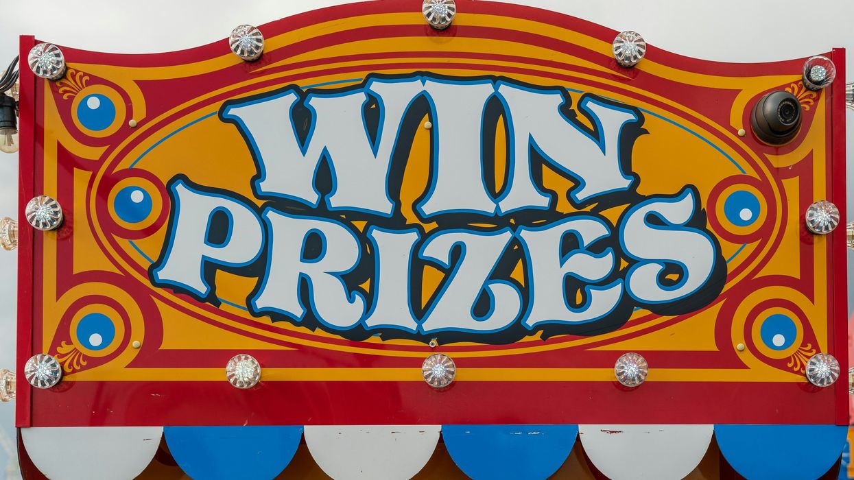 "win prizes" red, blue, white and orange sign