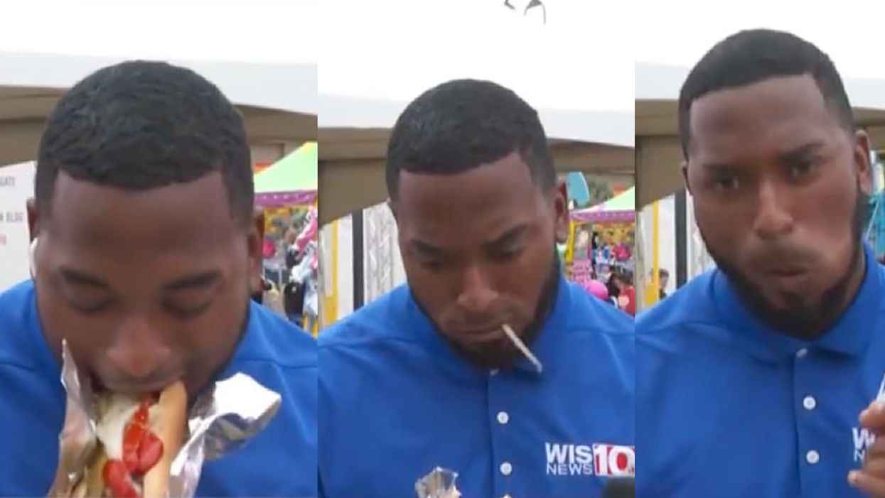 WIS-TV eporter Jalen Tart eating a hot dog