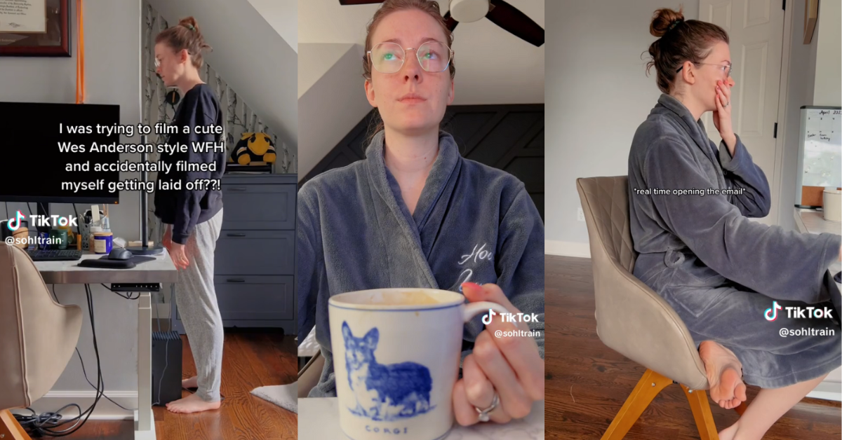 Woman catching herself being laid off on camera while filming a TikTok