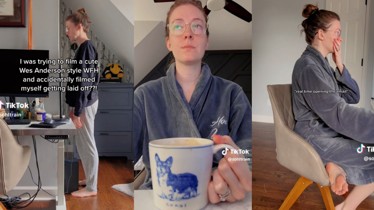 Woman catching herself being laid off on camera while filming a TikTok