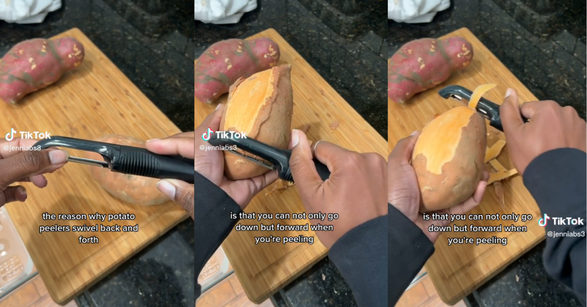 Woman demonstrates additional way to use vegetable peeler