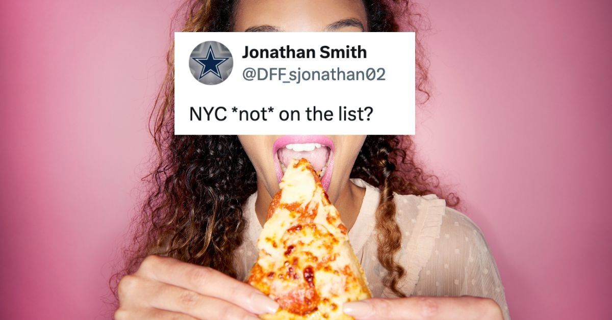 Woman eating slice of pizza with the X reaction: "NYC *not* on the list?"