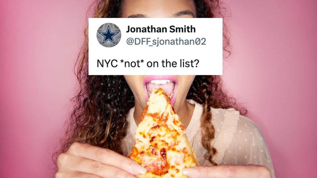 Woman eating slice of pizza with the X reaction: "NYC *not* on the list?"