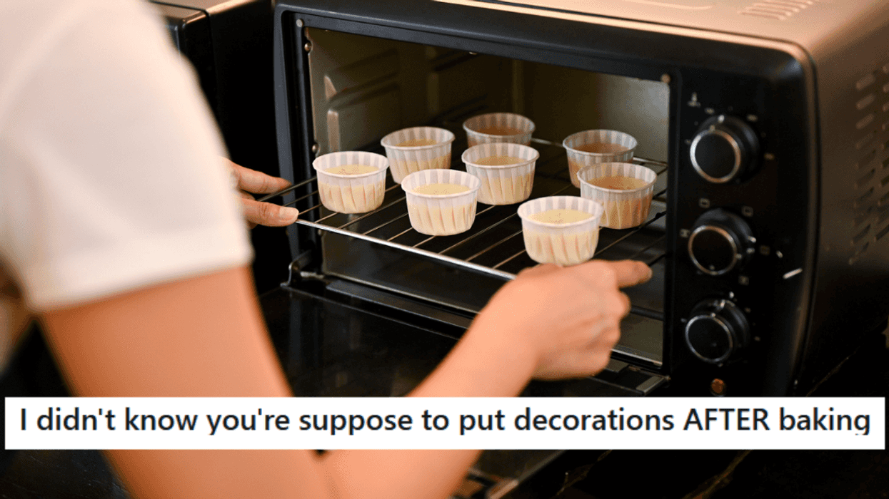 Woman putting cupcakes in oven; Message from u/Duskymoonlight/Reddit