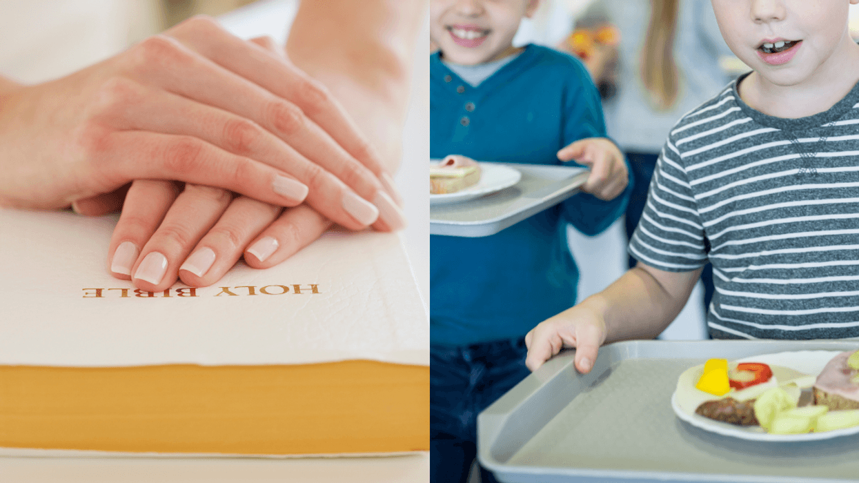 woman's hands on a Bible; school children with lunch trays