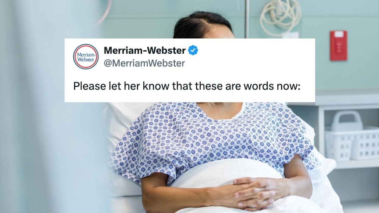 Woman sitting upright in hospital bed overlaid with @MerriamWebster's tweet that reads: 'Please let her know that these are words now:'