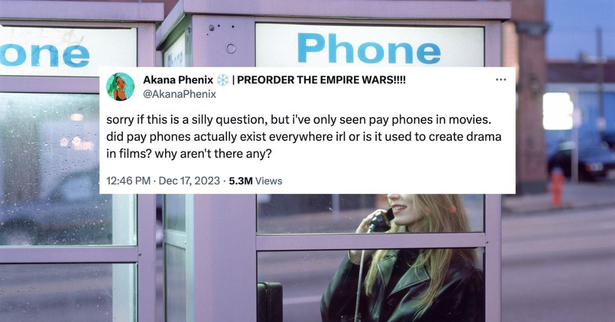 Woman using phone inside phone booth with an overlay of @AkanaPhenix's tweet