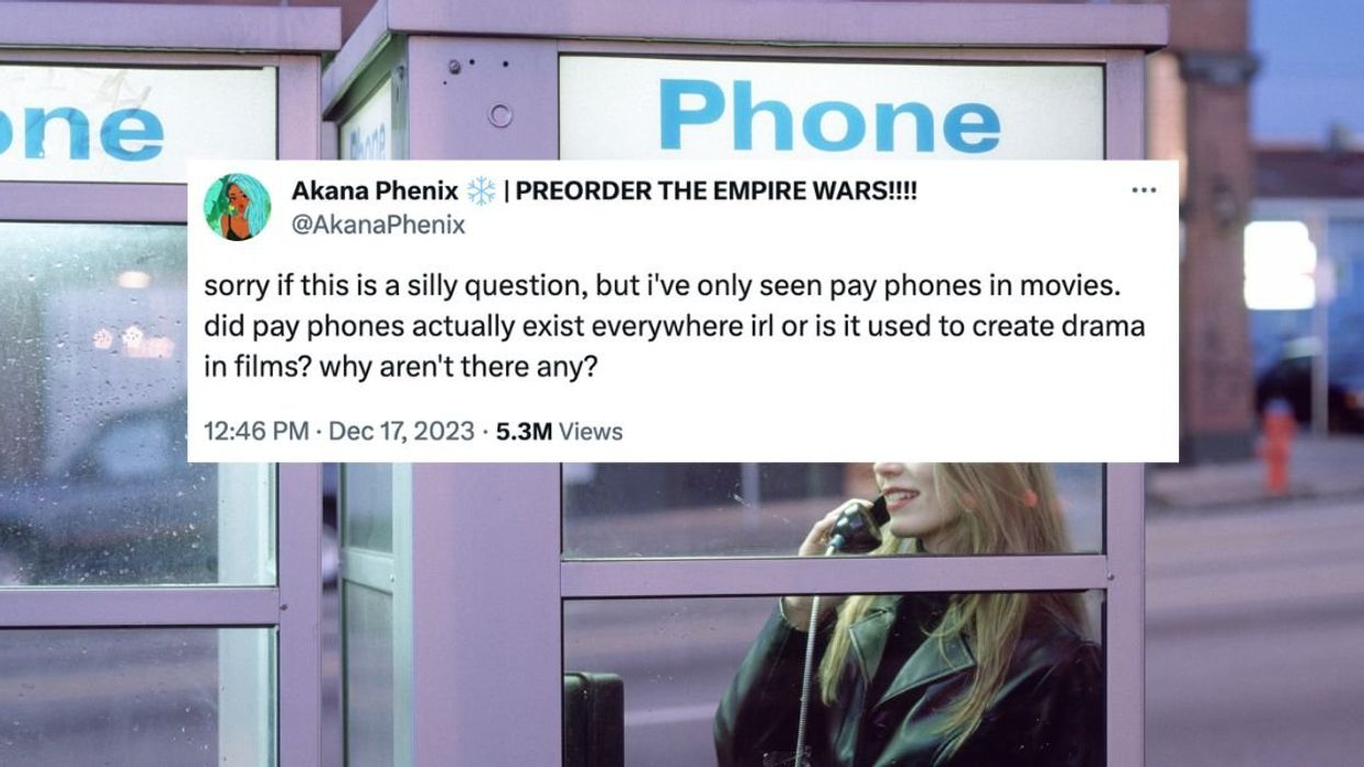 Woman using phone inside phone booth with an overlay of @AkanaPhenix's tweet