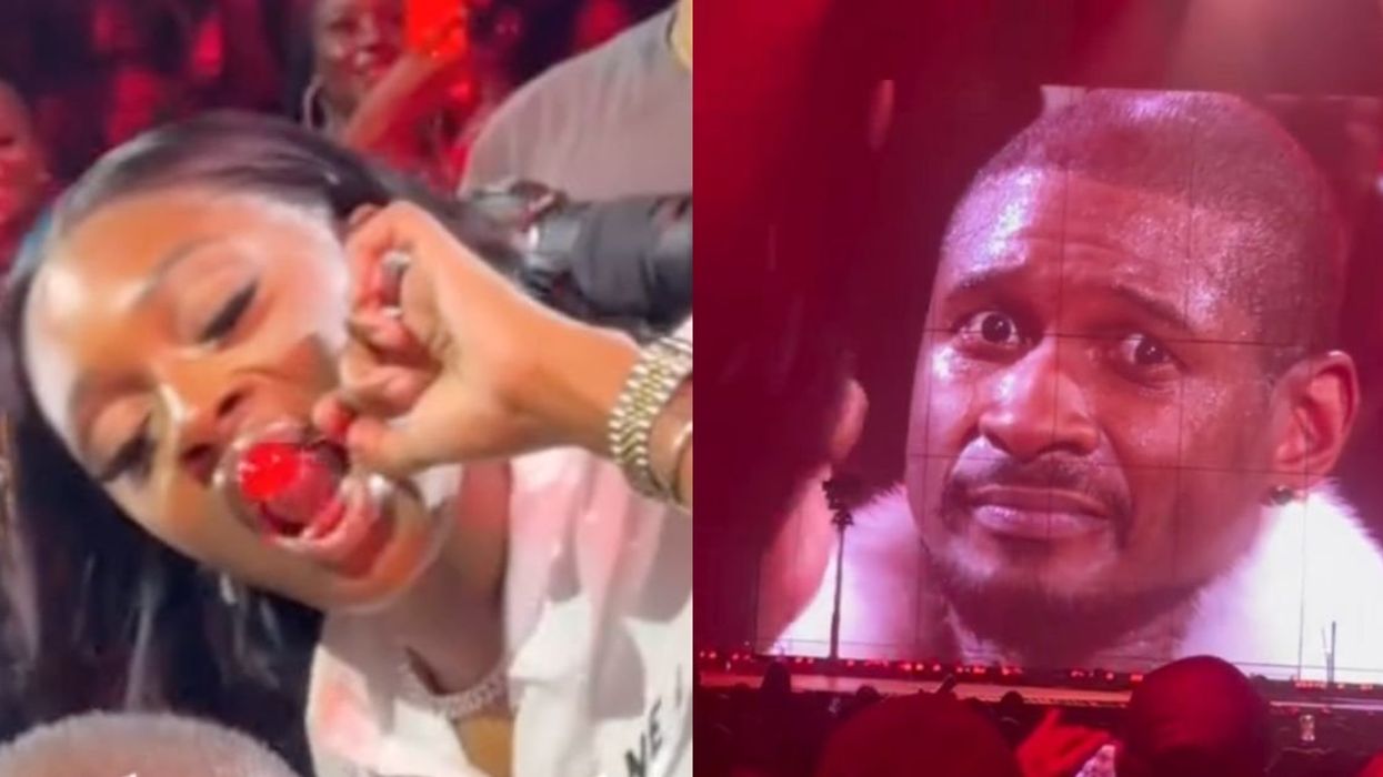 Woman with cherry in mouth; Usher