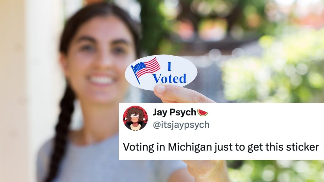 Woman with 'I Voted' sticker with tweet overlay reading: "Voting in Michigan just to get this sticker"