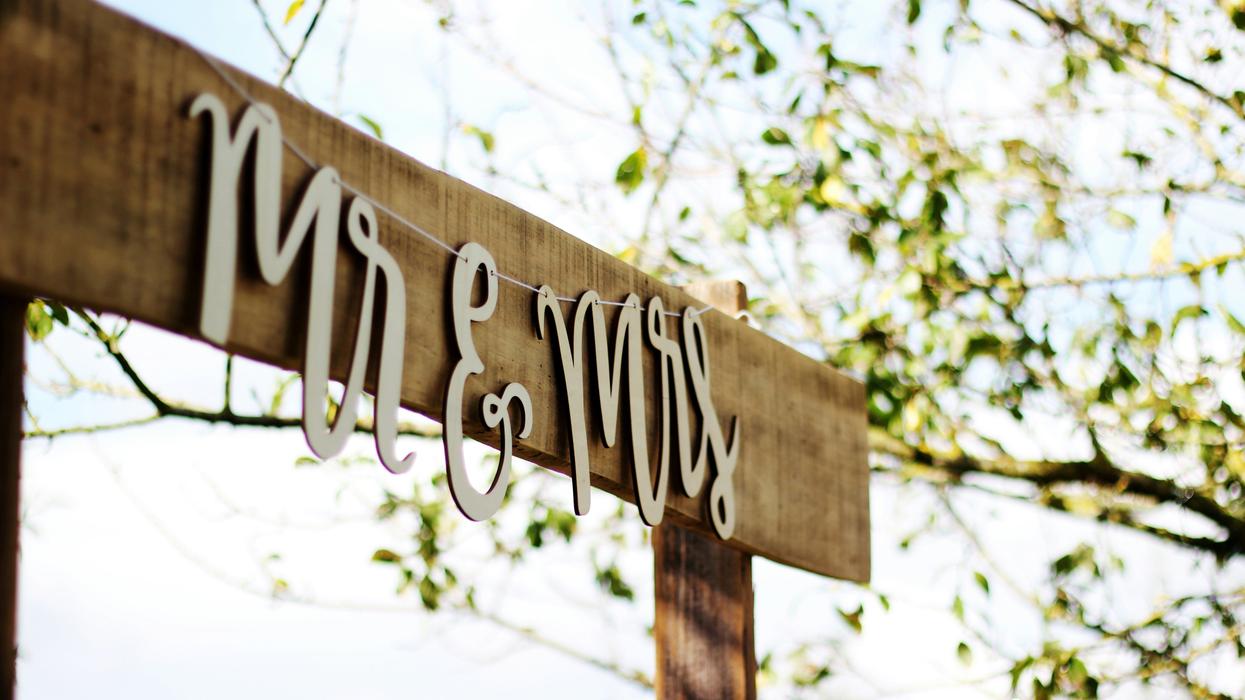 Wooden wedding decoration reading 'Mr. and Mrs.'