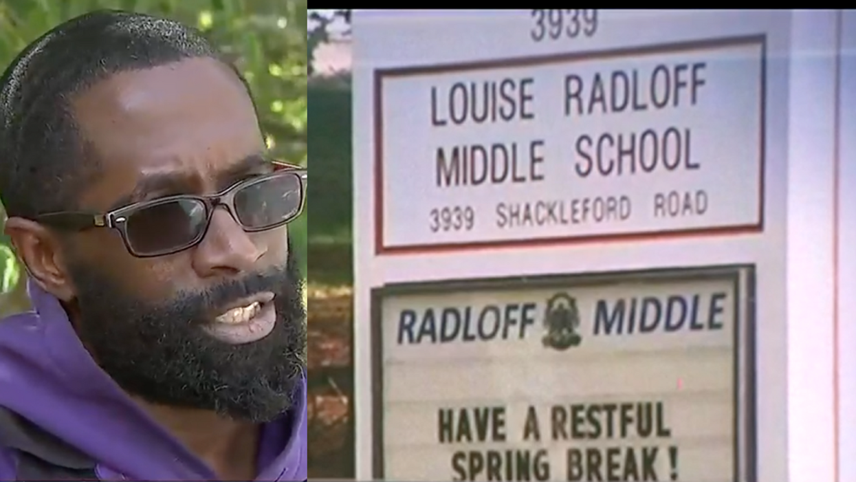 WSB-TV screenshot of Cameron Madison, father of Black middle school student; WSB-TV screenshot of sign for Louise Radloff Middle School