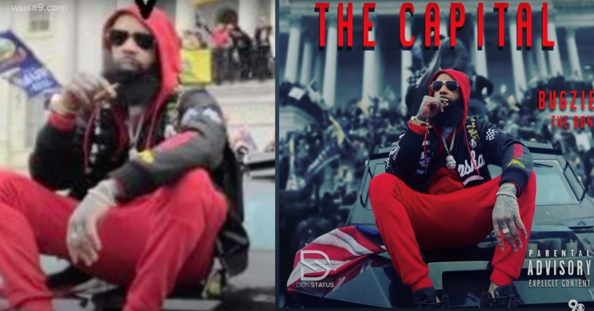 WUSA9 screenshot of the photo of Bugzie the Don at the United States Capitol riot juxtaposed with the album cover