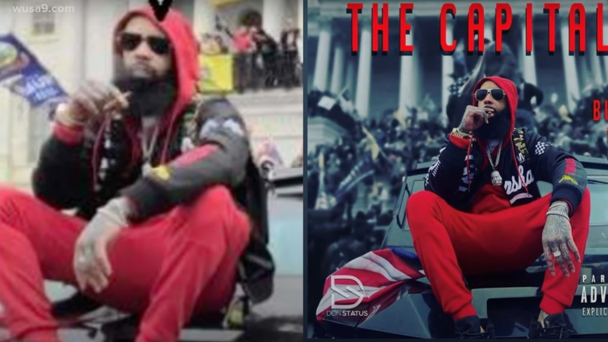 WUSA9 screenshot of the photo of Bugzie the Don at the United States Capitol riot juxtaposed with the album cover