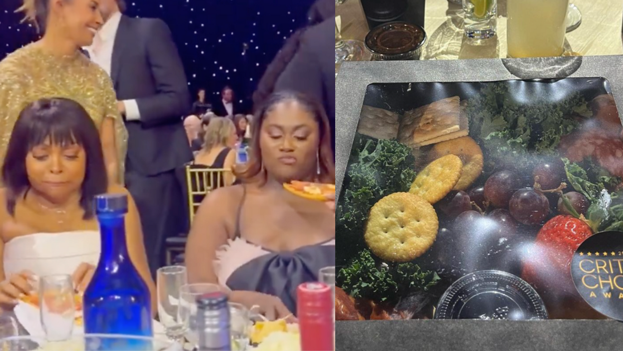 X screenshot of 'Color Purple' cast with pizza; charcuterie box