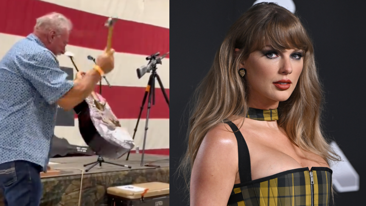 X screenshot of guy smashing guitar; Taylor Swift