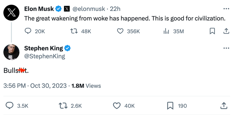 X screenshot of Stephen King's response to Elon Musk's post