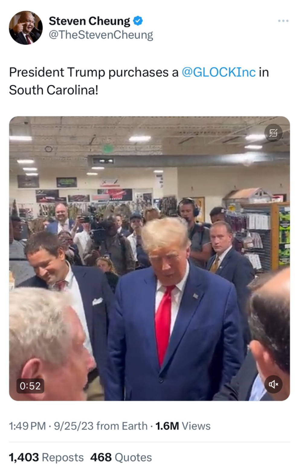 X screenshot of Steven Cheung's deleted post showing Donald Trump buying a gun