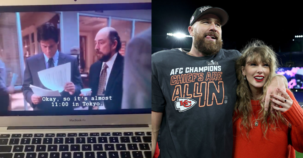 X screenshot of 'The West Wing' episode; Travis Kelce and Taylor Swift