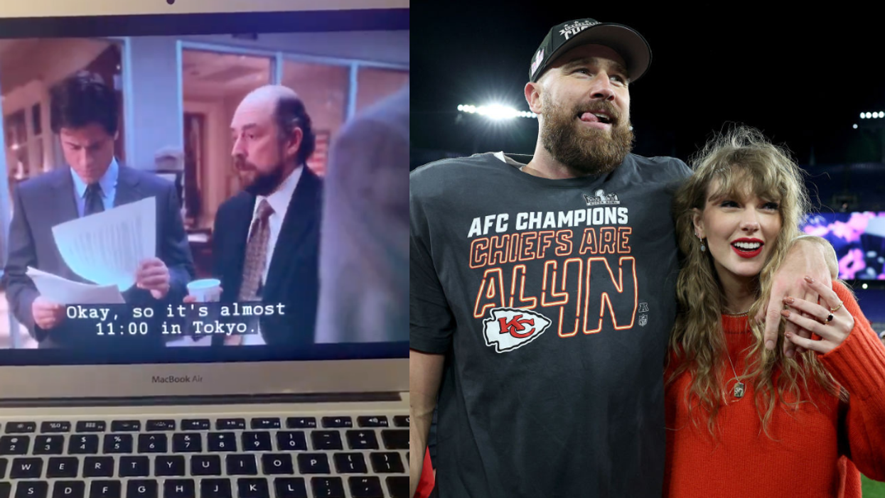 X screenshot of 'The West Wing' episode; Travis Kelce and Taylor Swift