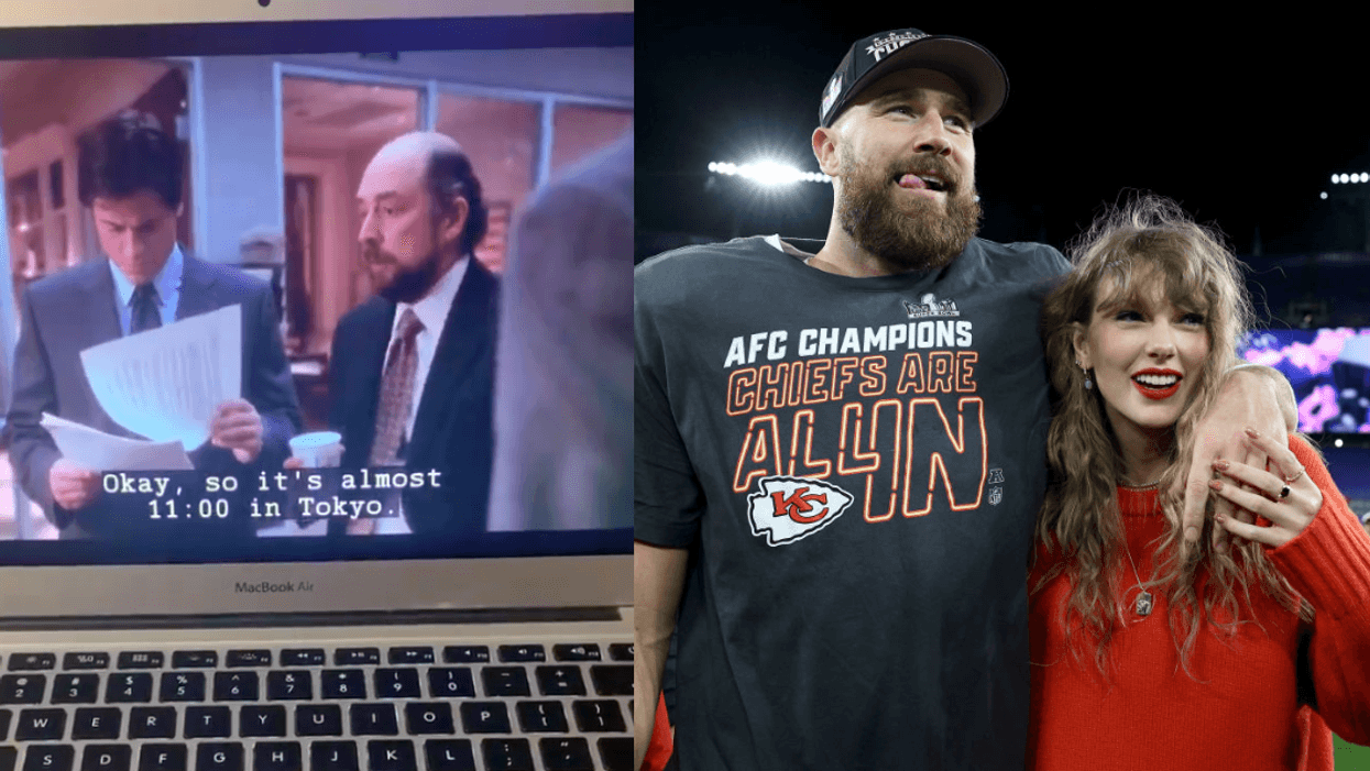 X screenshot of 'The West Wing' episode; Travis Kelce and Taylor Swift