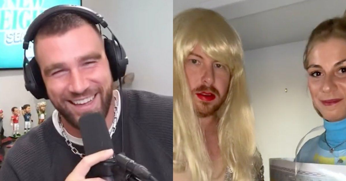 X screenshot of Travis Kelce; TikTok screenshot of couple dreessed as Taylor Swift and Travis Kelce