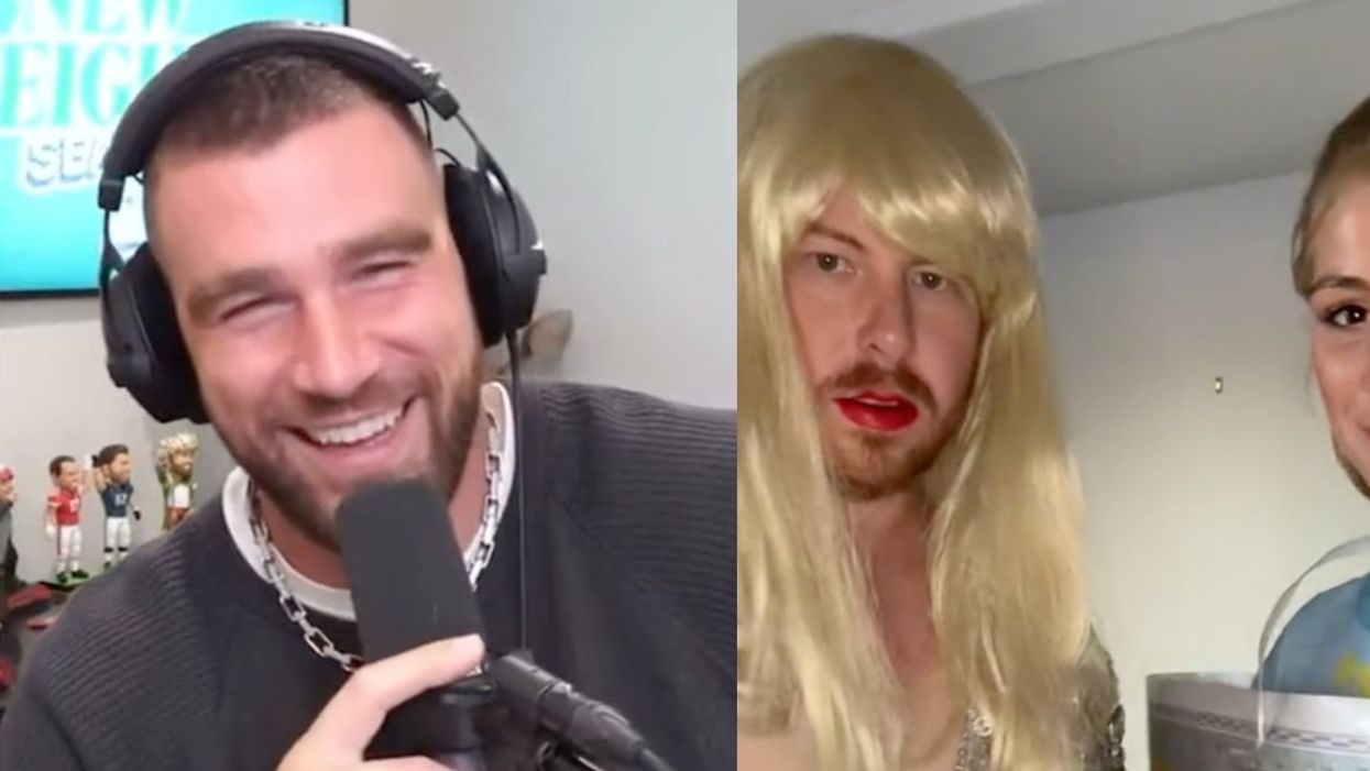 X screenshot of Travis Kelce; TikTok screenshot of couple dreessed as Taylor Swift and Travis Kelce